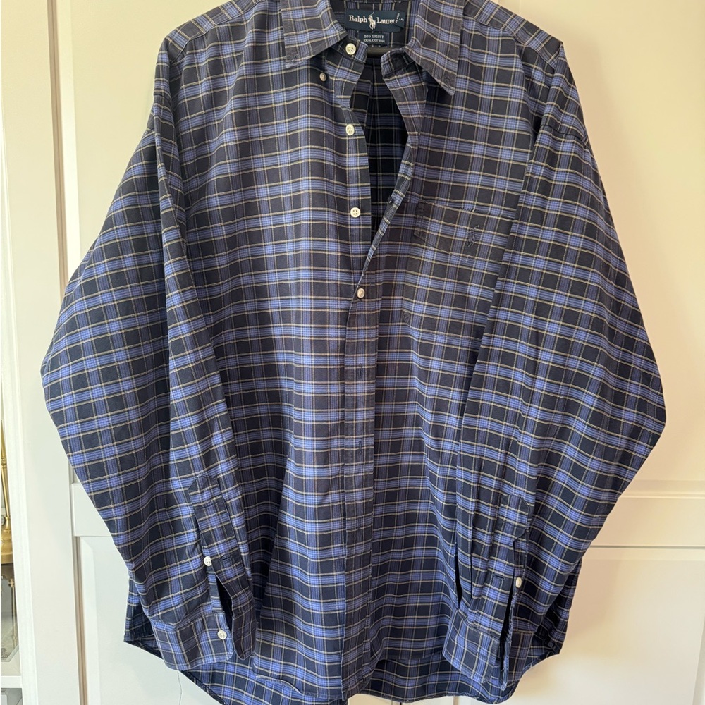 Ralph Lauren Men's Blue and Black Plaid Shirt, Big Shirt